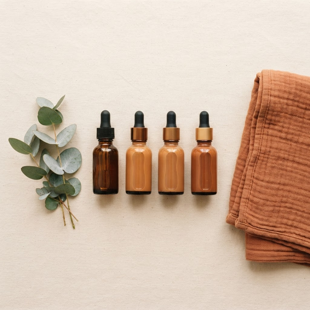 Four small amber dropper bottles representing custom spray tan add-ins, arranged with eucalyptus on a warm cream background